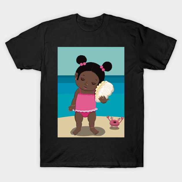 Vacation mood on - cute little dark girl having a quiet moment on the beach listening to the sound of a seashell, saturated ,no text T-Shirt by marina63